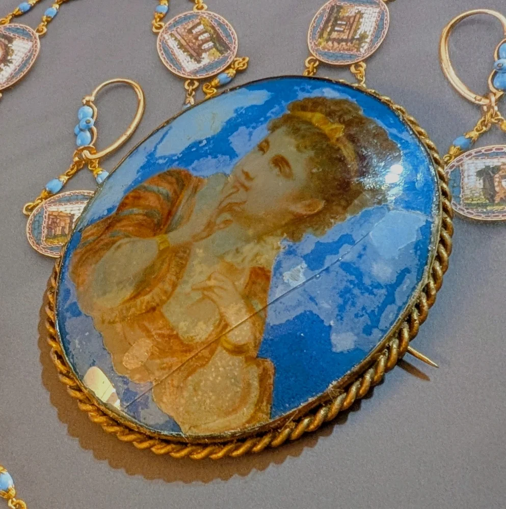 Large 1850s Antique Convex Glass Hand Painted Brooch